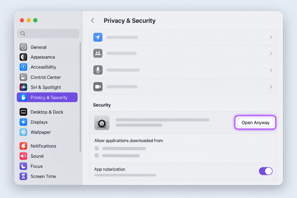 Example of macOS Privacy and Security settings with Open Anyway highlighted