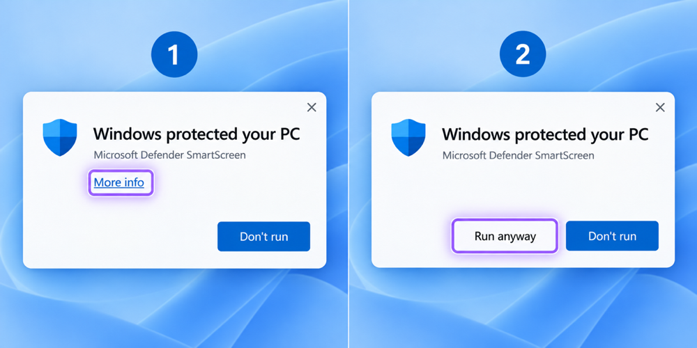 Example of a Windows Defender SmartScreen message with Run anyway highlighted